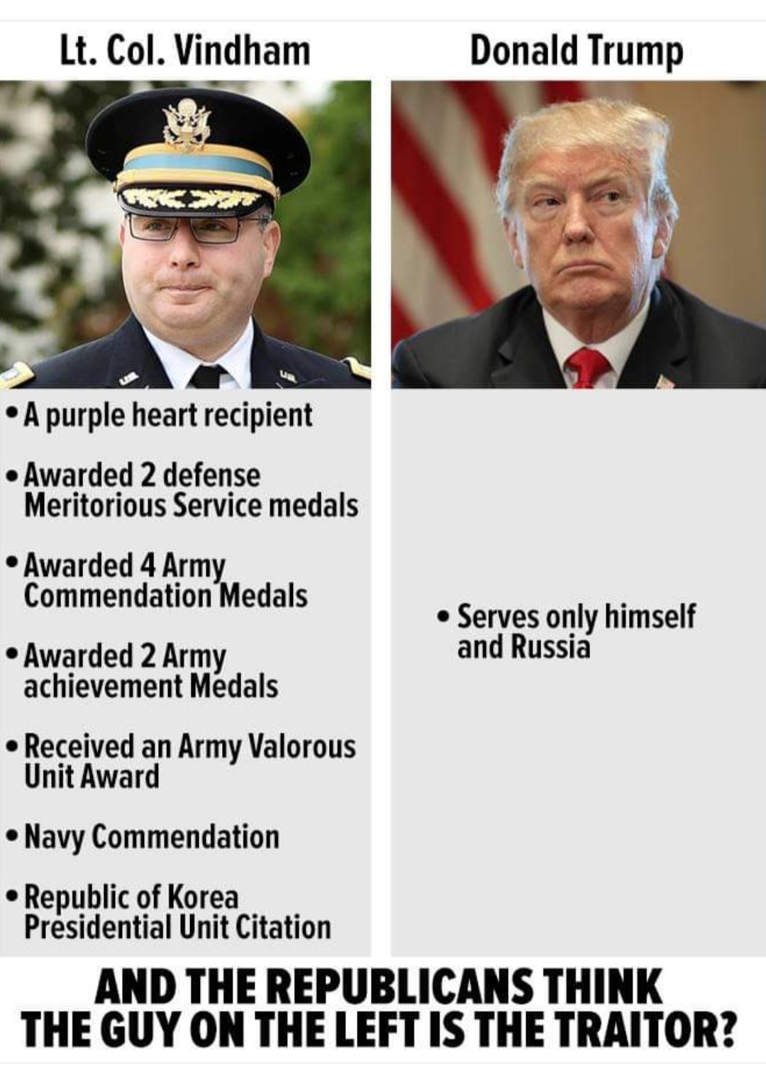 Lt Col Vindmam is a HERO, Donald Trump is a TRAITOR!